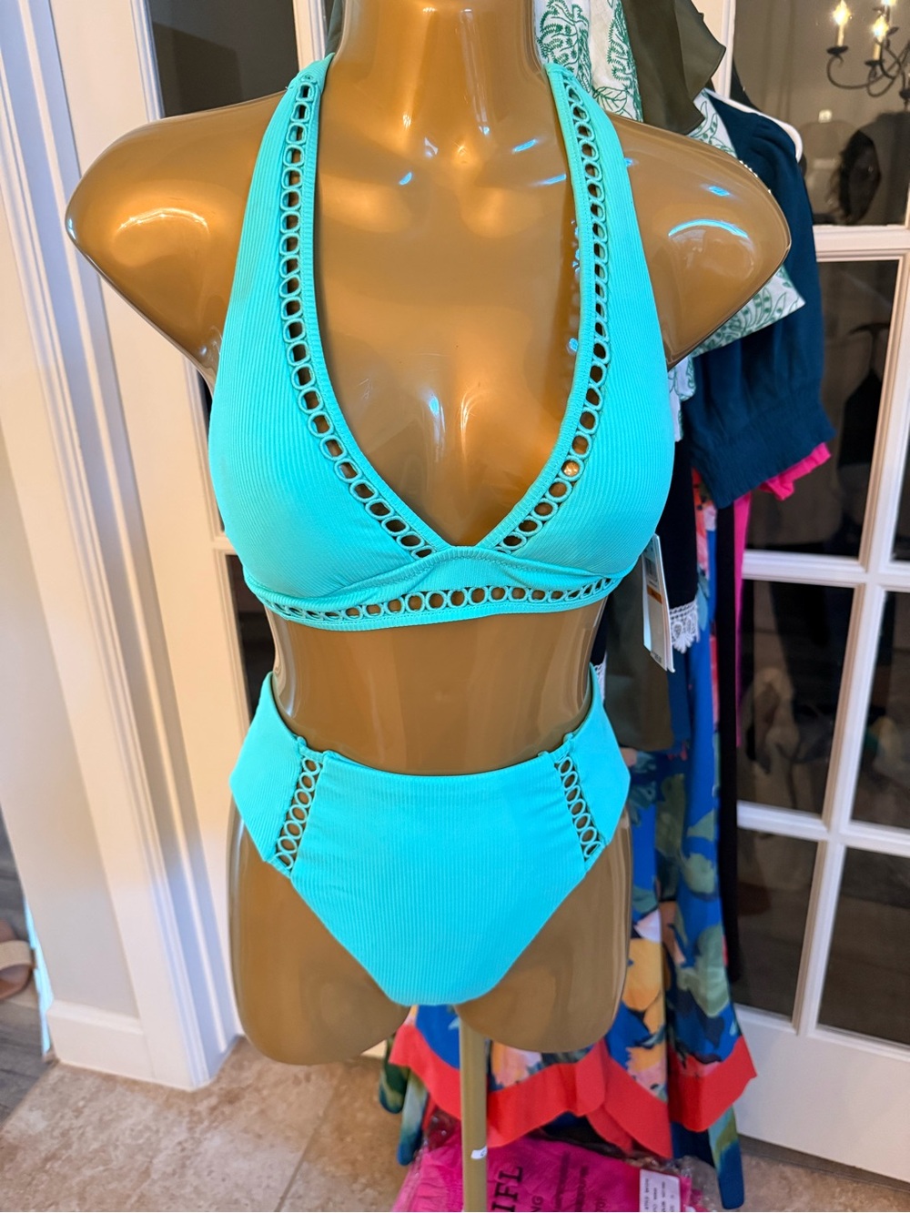 BECCA Turquoise Ribbed High-Waist Halter Bikini - S